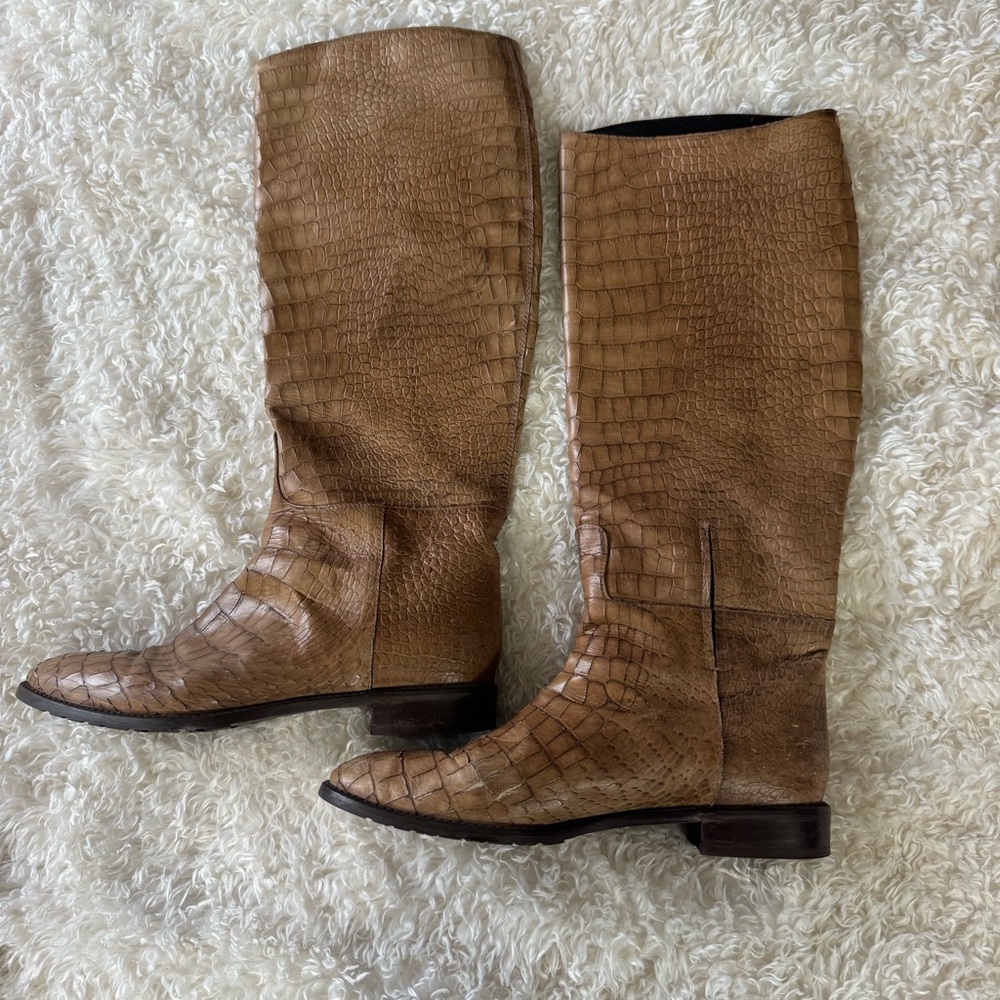 Stuart Weitzman Equine Croc-Embossed Knee Leather Boots Espresso Brown Size 8.5 - Picture 10 of 14